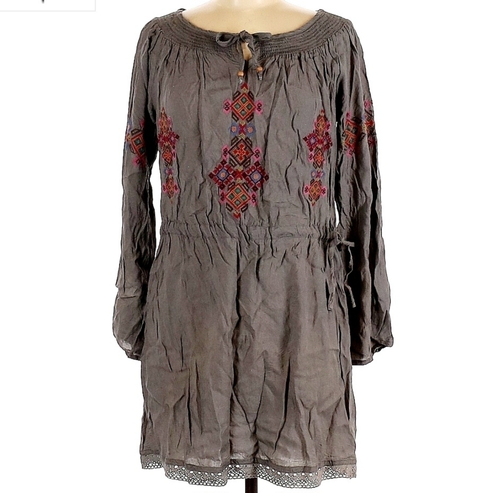 Z&L Grey Cross Stitch Long Sleeve Dress Women's Medium M Tie Waist Boho Cute EUC